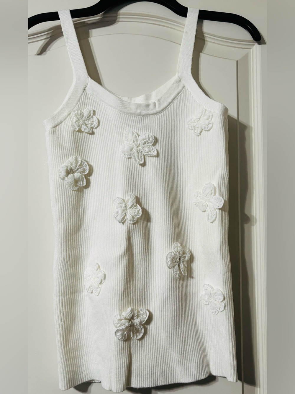 easel White Ribbed Knit Tank with 3D Floral Appliqués